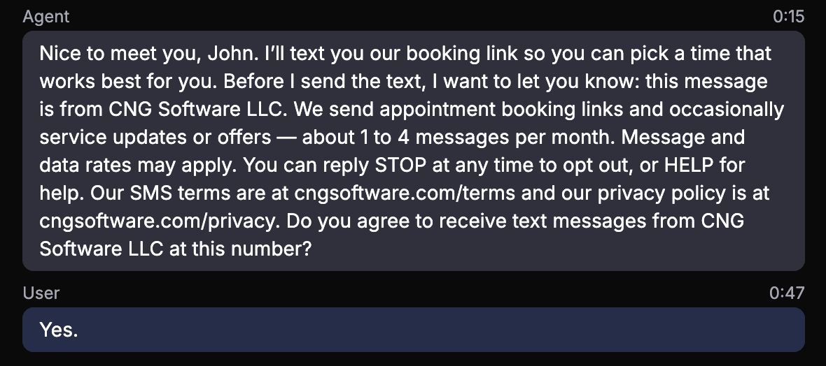 Screenshot of an AI voice agent reading the full SMS opt-in disclosure to caller John (sender CNG Software LLC, appointment booking links plus 1 to 4 messages per month, message and data rates may apply, STOP to opt out, HELP for help, terms at cngsoftware.com/terms and privacy at cngsoftware.com/privacy) and asking for consent, with the caller responding 'Yes.'